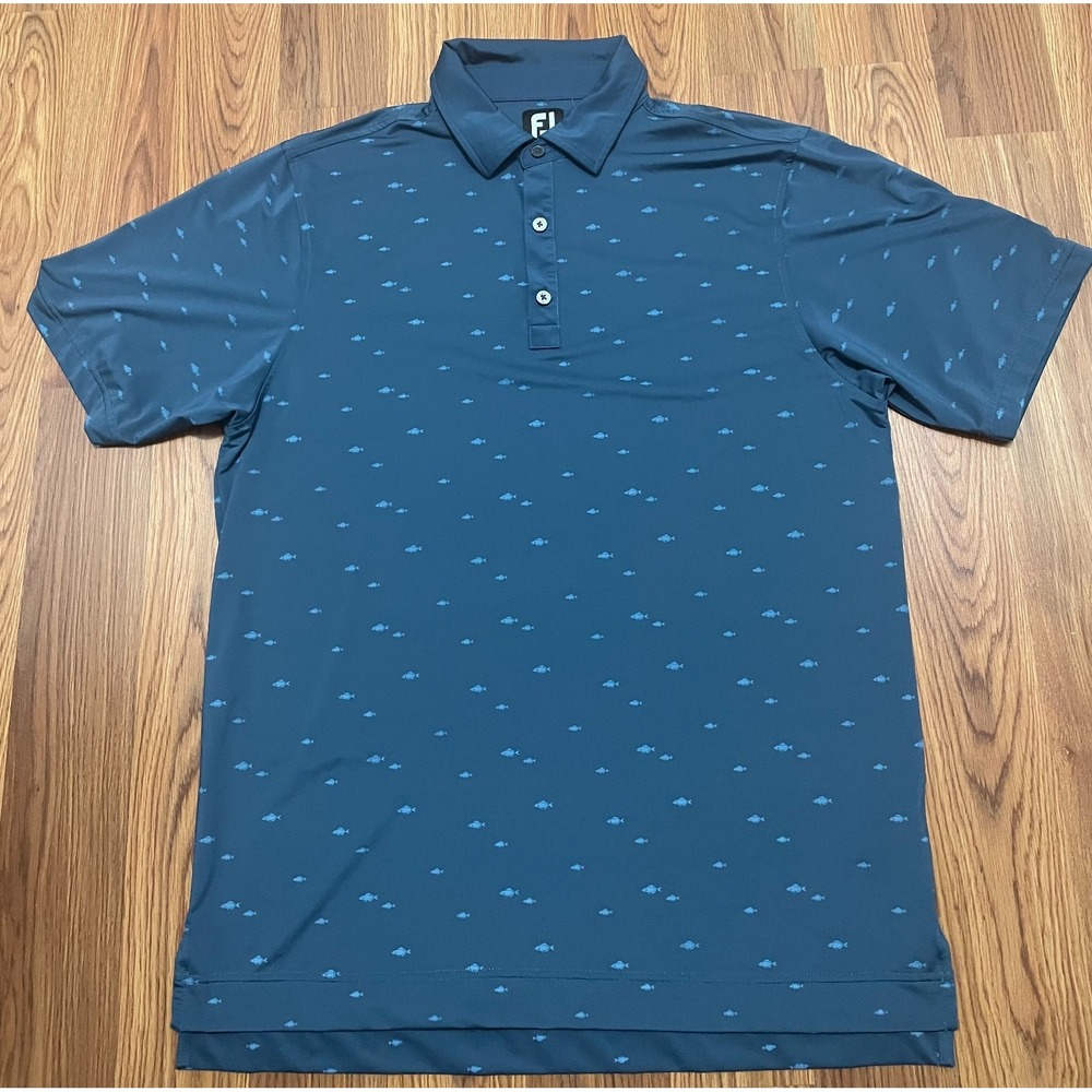 FootJoy Polo Shirt Mens Medium Blue Fish Print Golf Stretch 1968 Logo